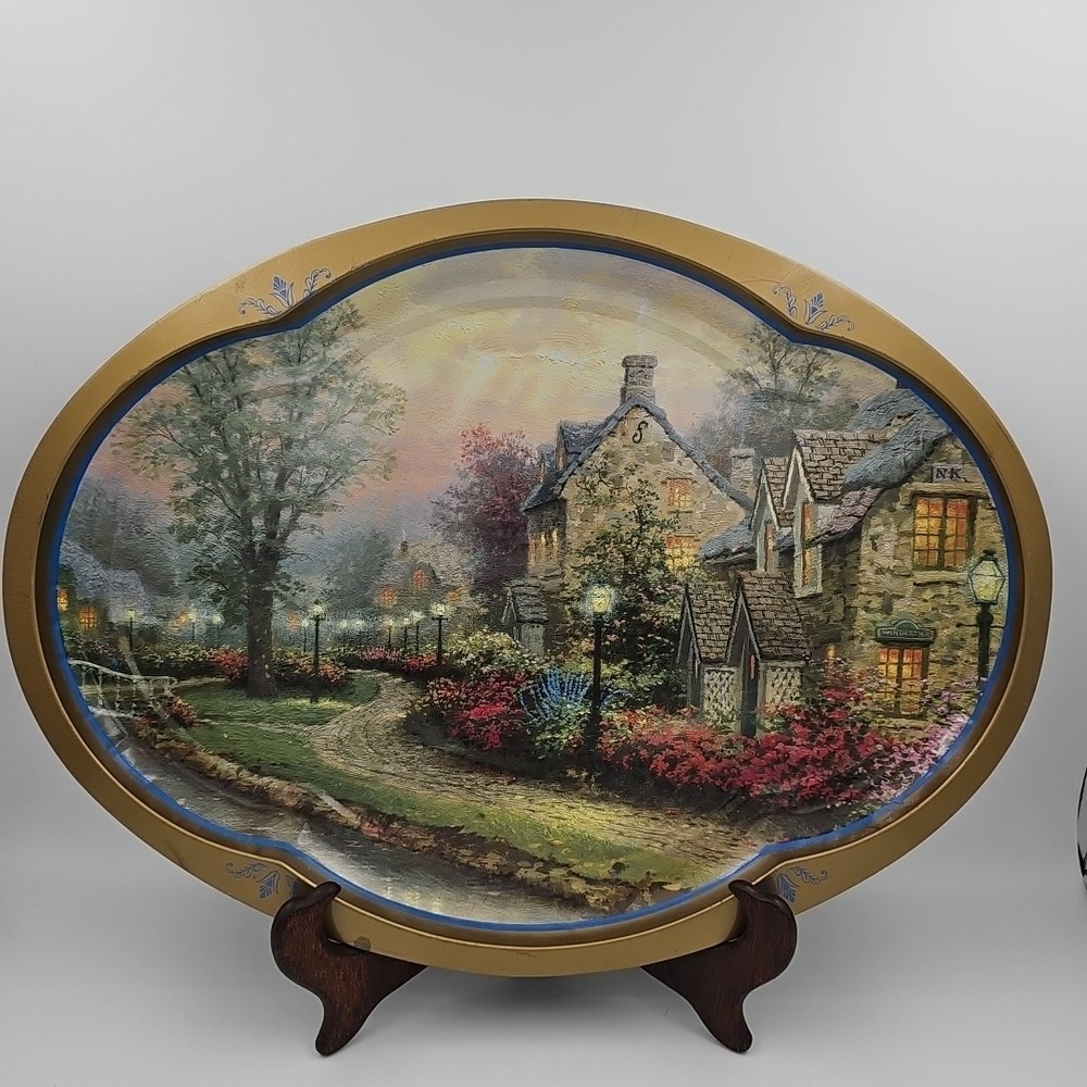 Colorful Cottage Scene Oval Metal Serving Tray 1997‎ Thomas Kindade Giftco Inc
